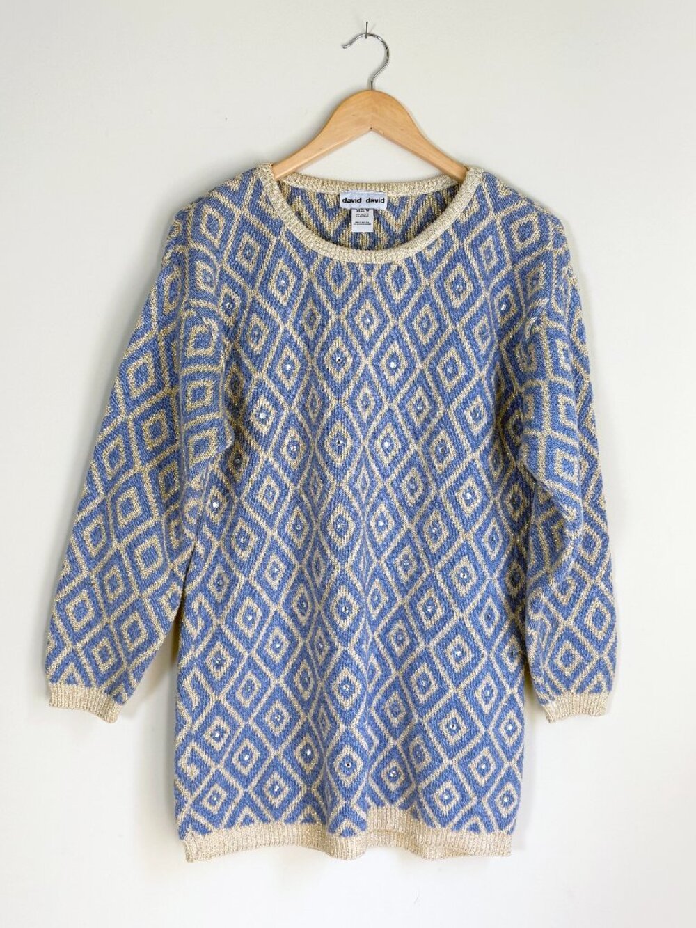 VTG 90s David David Metallic Diamond Rhinestone Tunic Sweater M
